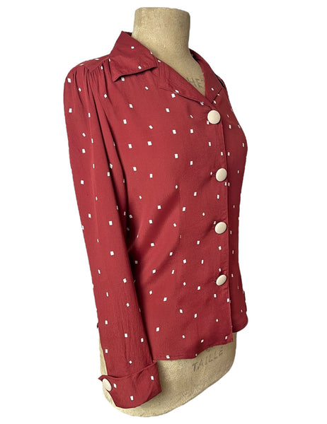 Burgundy Square Dot 1940s Button Up Hepburn Blouse