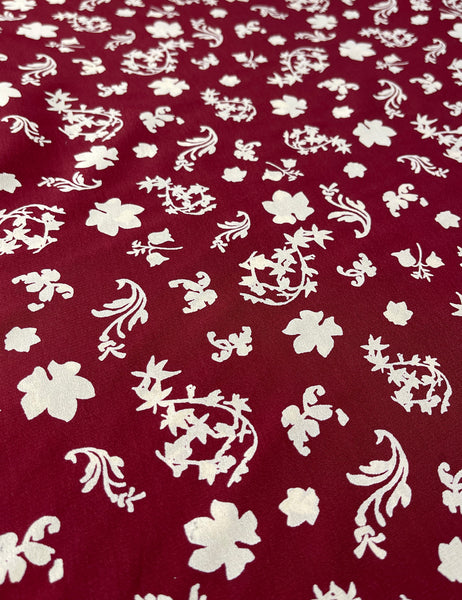 Burgundy & Cream Foliage Print Rayon Crepe Fabric - 2 & 1/3 yds