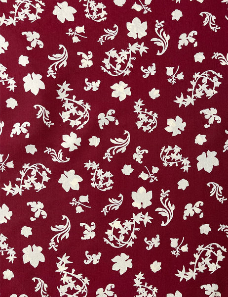 Burgundy & Cream Foliage Print Rayon Crepe Fabric - 2 & 1/3 yds