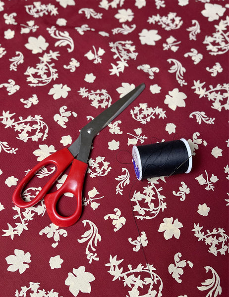 Burgundy & Cream Foliage Print Rayon Crepe Fabric - 2 & 1/3 yds