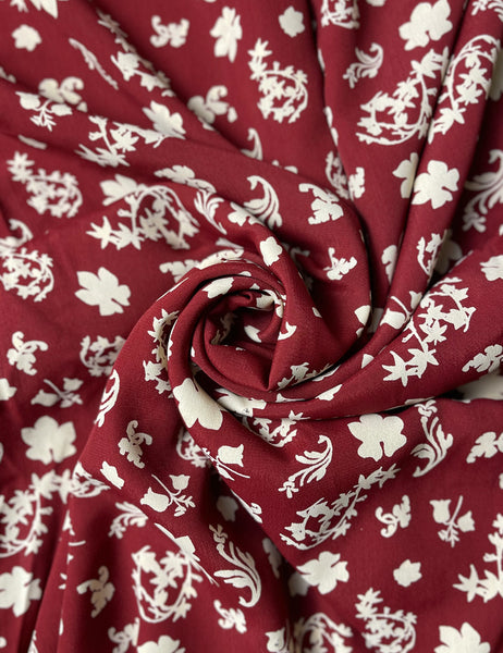 Burgundy & Cream Foliage Print Rayon Crepe Fabric - 2 & 1/3 yds
