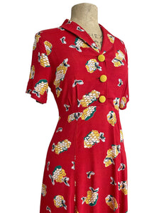 Candy Red Honey Bee Print Tea Length Vintage Day Dress
