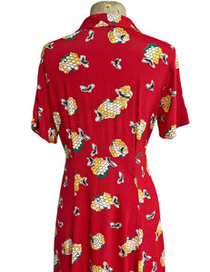 Candy Red Honey Bee Print Tea Length Vintage Day Dress