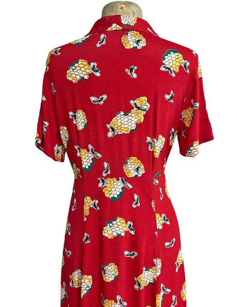 Candy Red Honey Bee Print Tea Length Vintage Day Dress