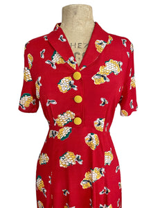 Candy Red Honey Bee Print Tea Length Vintage Day Dress