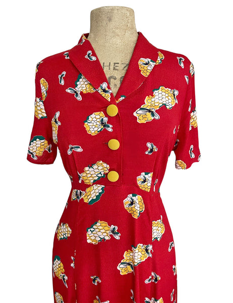 Candy Red Honey Bee Print Tea Length Vintage Day Dress