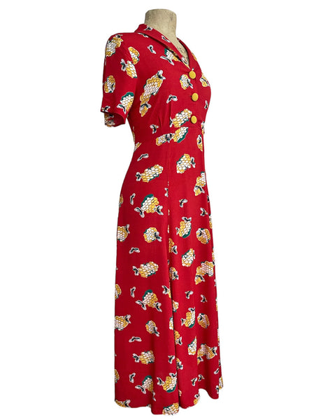 Candy Red Honey Bee Print Tea Length Vintage Day Dress