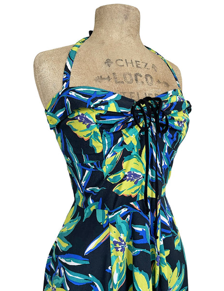 Bright Chartreuse Floral 1940s Marta Halter Swing Dress