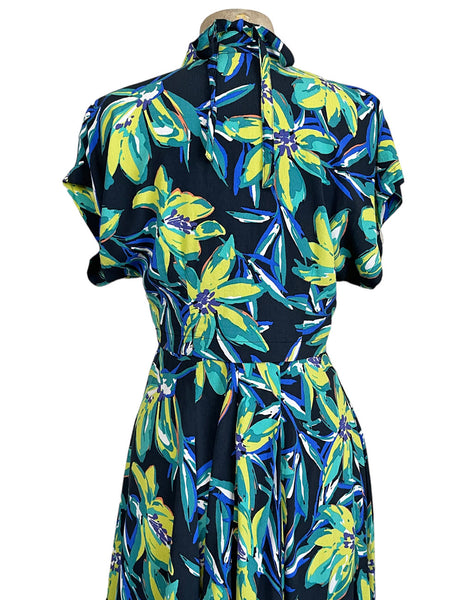 Bright Chartreuse Floral 1940s Marta Halter Swing Dress