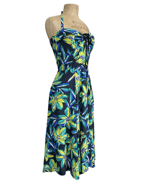 Bright Chartreuse Floral 1940s Marta Halter Swing Dress