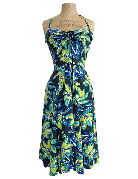 Bright Chartreuse Floral 1940s Marta Halter Swing Dress