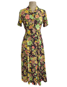 Chocolate Autumn Candy Floral 1940s Style Tea Length Day Dress