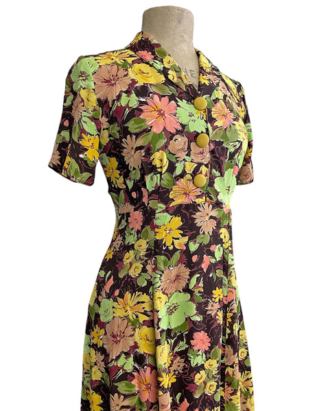 Chocolate Autumn Candy Floral 1940s Style Tea Length Day Dress