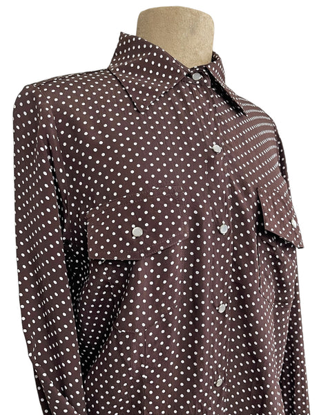 Chocolate Brown Polka Dot Western Style Long Sleeved Snap Blouse