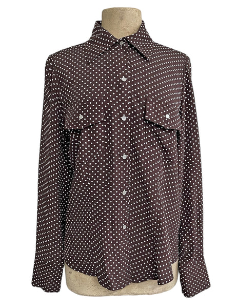 Chocolate Brown Polka Dot Western Style Long Sleeved Snap Blouse