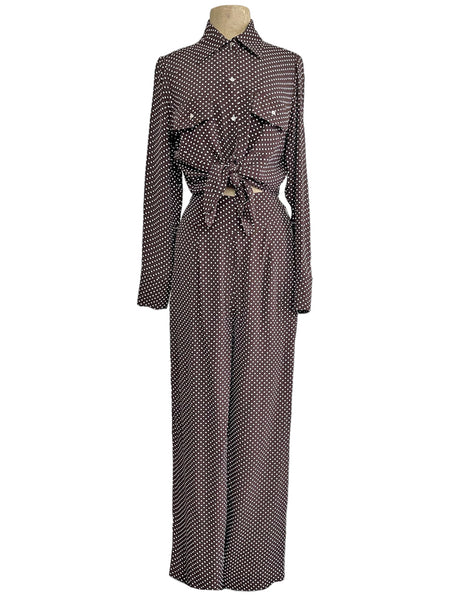 Chocolate Brown Polka Dot 1940s Style High Waisted Palazzo Pants