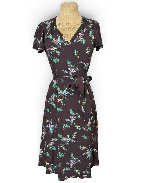 Chocolate Brown Vine Floral Biasa Wrap Dress