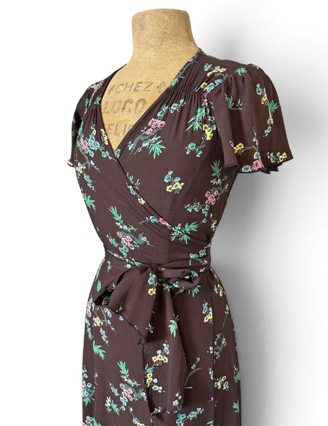 Chocolate Brown Vine Floral Biasa Wrap Dress