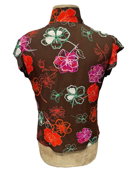Chocolate Brown Spring Floral Mandarin Collar Tea Timer Top
