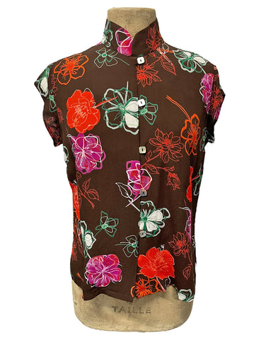 Chocolate Brown Spring Floral Mandarin Collar Tea Timer Top