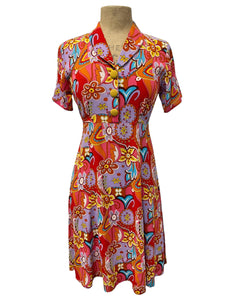 1940s Style Colorful Retro Revival Short Sleeved Day Dress Loco Lindo 1940s Style Colorful Retro Revival Short Sleeved Day Dress Loco Lindo