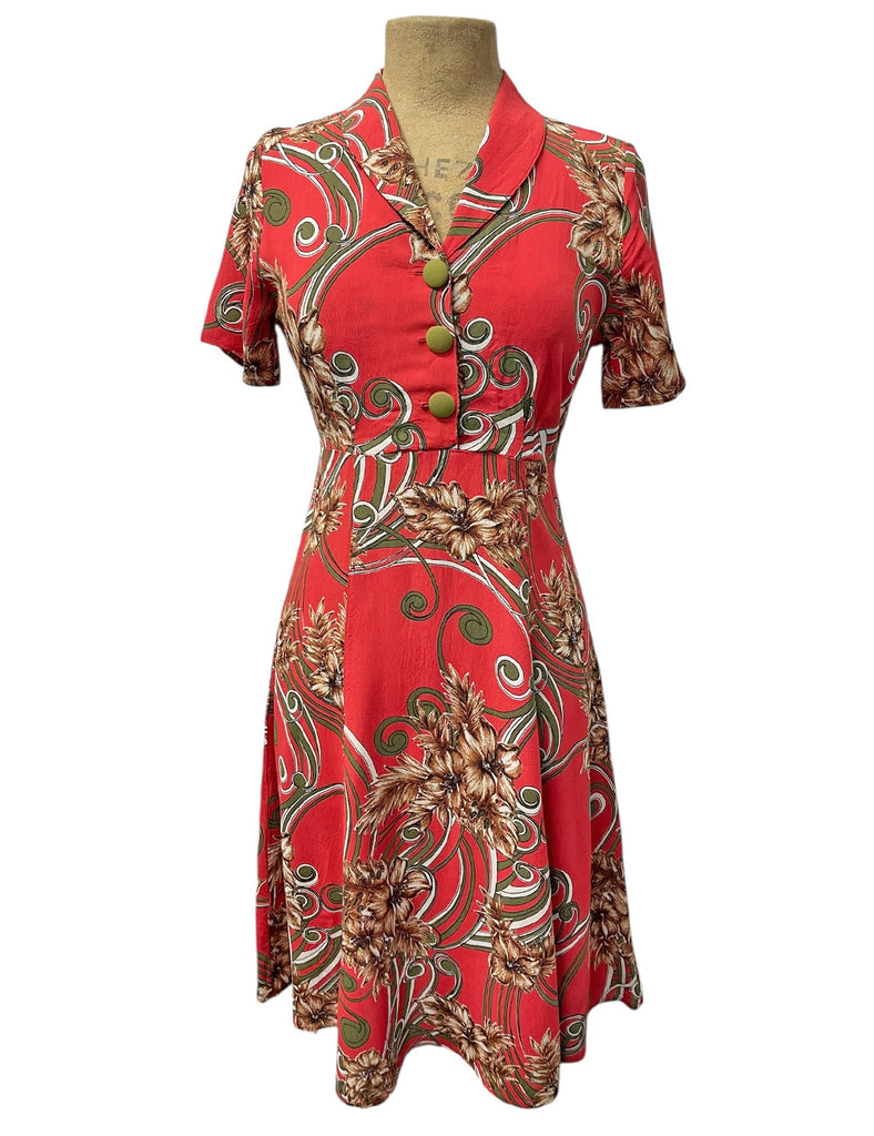 Coral Pink Tropical 1940s Style Vintage Day Dress – Loco Lindo