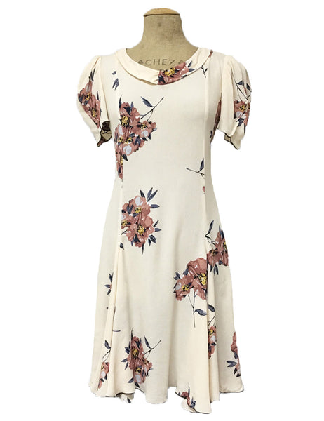 FINAL SALE - Demure Ivory Dogwood Floral Print 1930s Venice Beach Swing Dress