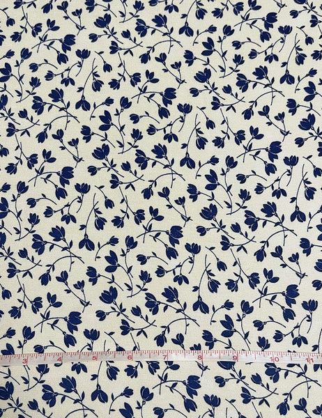Navy & Cream Ceramic Floral Rayon Crepe Fabric -1.75 yds