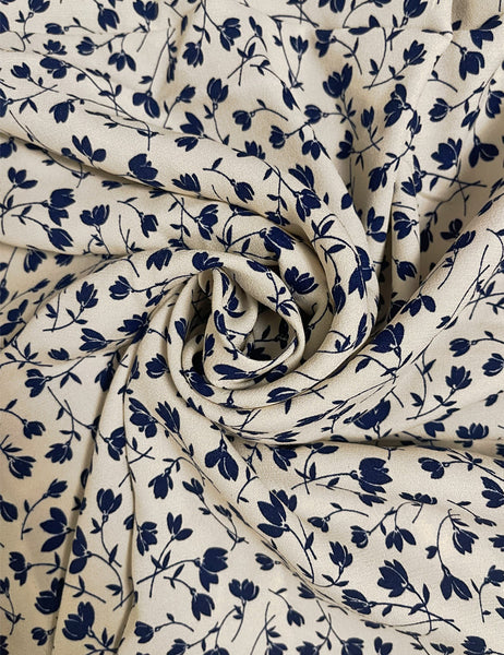 Navy & Cream Ceramic Floral Rayon Crepe Fabric -1.75 yds