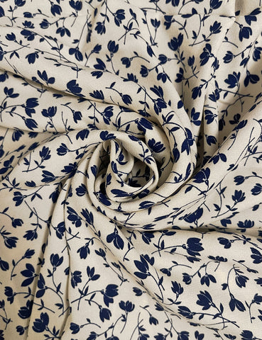 Navy & Cream Ceramic Floral Rayon Crepe Fabric -1.75 yds