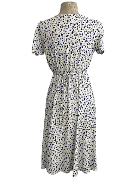Cream & Navy Vintage Ceramic Floral Print Knee Length Rita Dress