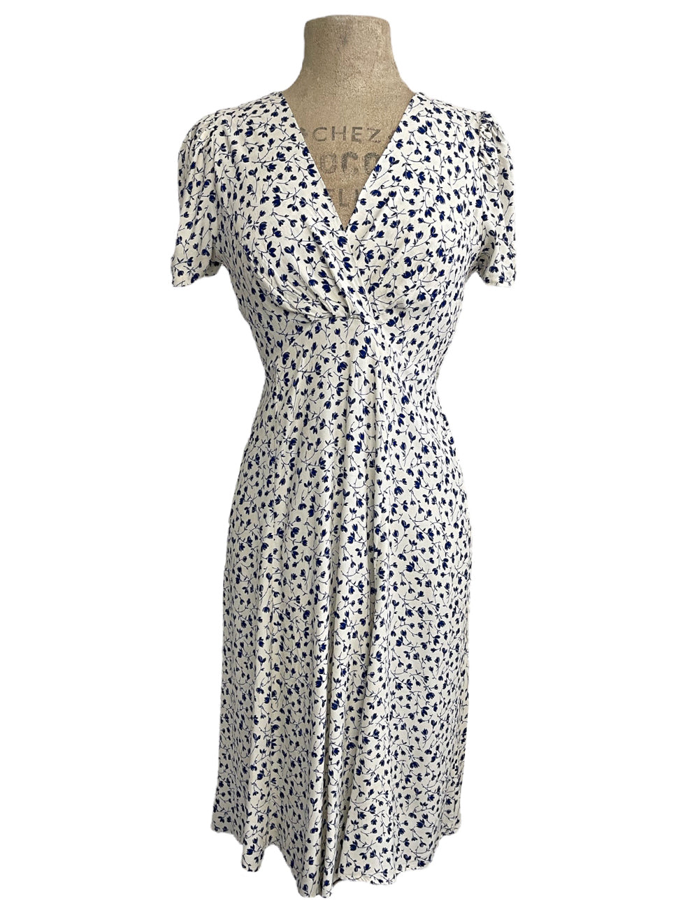 Cream & Navy Vintage Ceramic Floral Print Knee Length Rita Dress