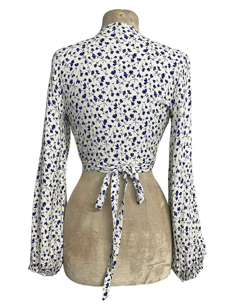 Cream & Navy Blue Vintage Ceramic Floral Print Babaloo Wrap Top