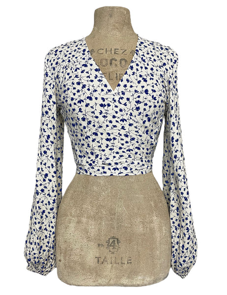 Cream & Navy Blue Vintage Ceramic Floral Print Babaloo Wrap Top