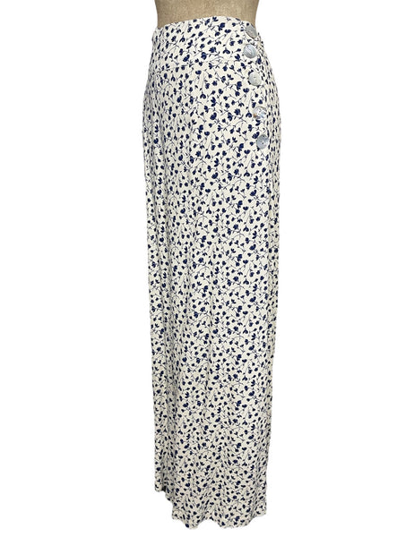 Cream & Navy Blue Vintage Ceramic Floral 40s Style High Waist Palazzo Pants