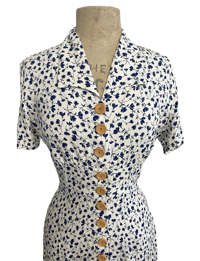 Navy Cream Vintage Ceramic Floral Button Up Margie Dress Loco