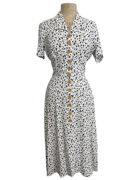 Navy & Cream Vintage Ceramic Floral Button Up Margie Dress