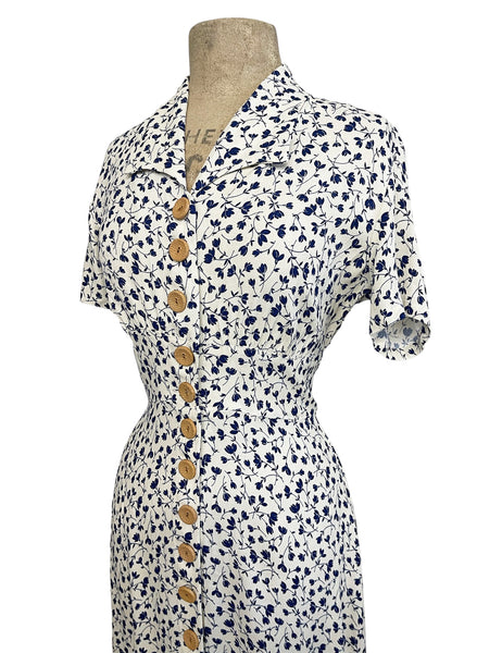 Navy & Cream Vintage Ceramic Floral Button Up Margie Dress
