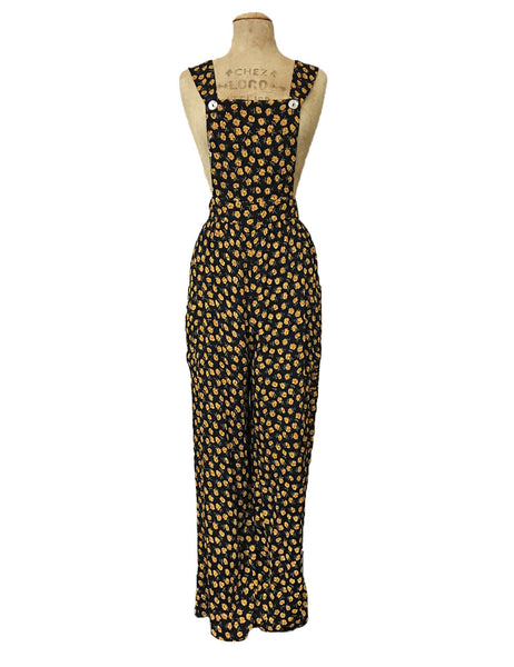 Black Dandelion Floral Retro Rosie 1940s Style Bib Overalls