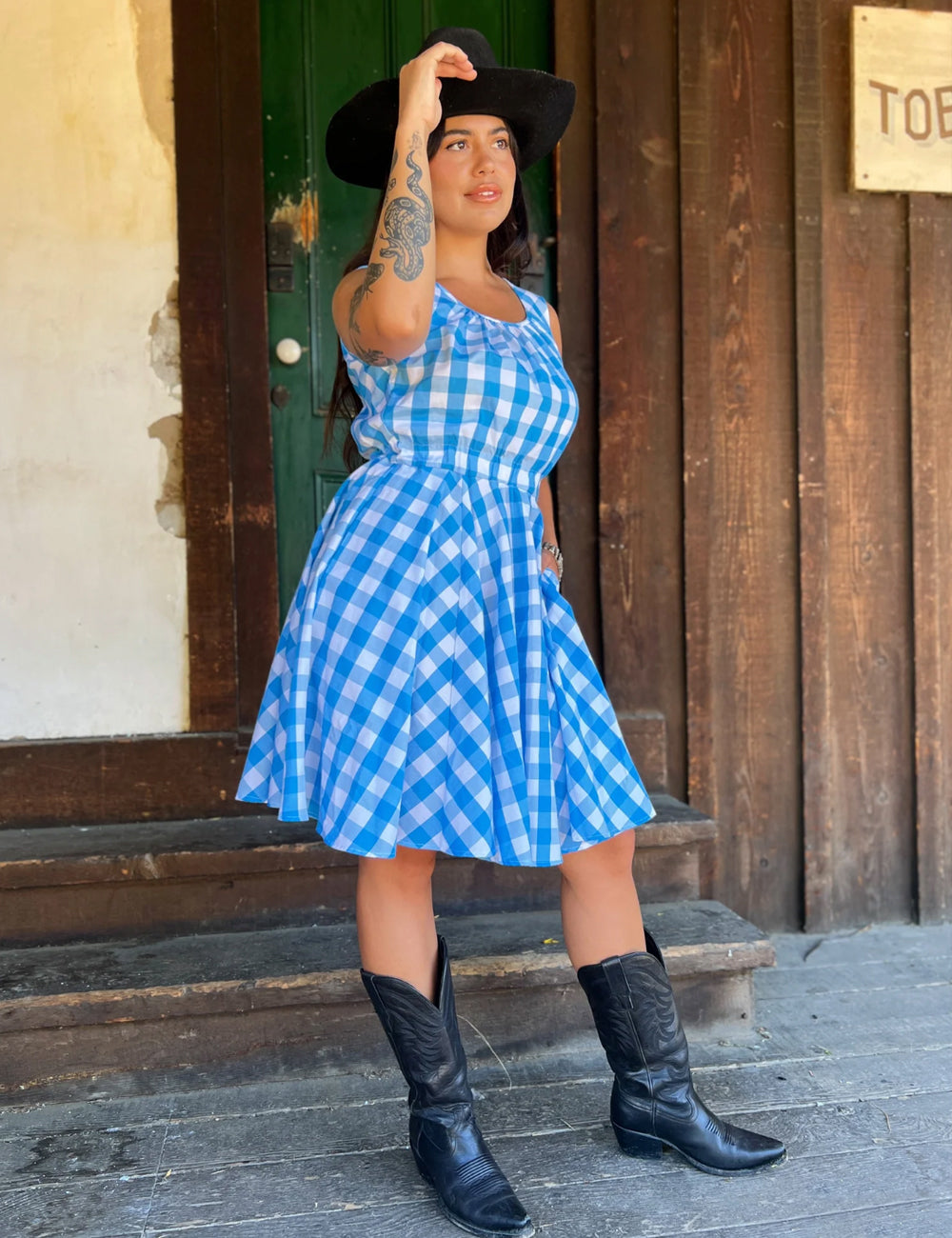 Gingham Popover Mini Dress (Sky Blue)