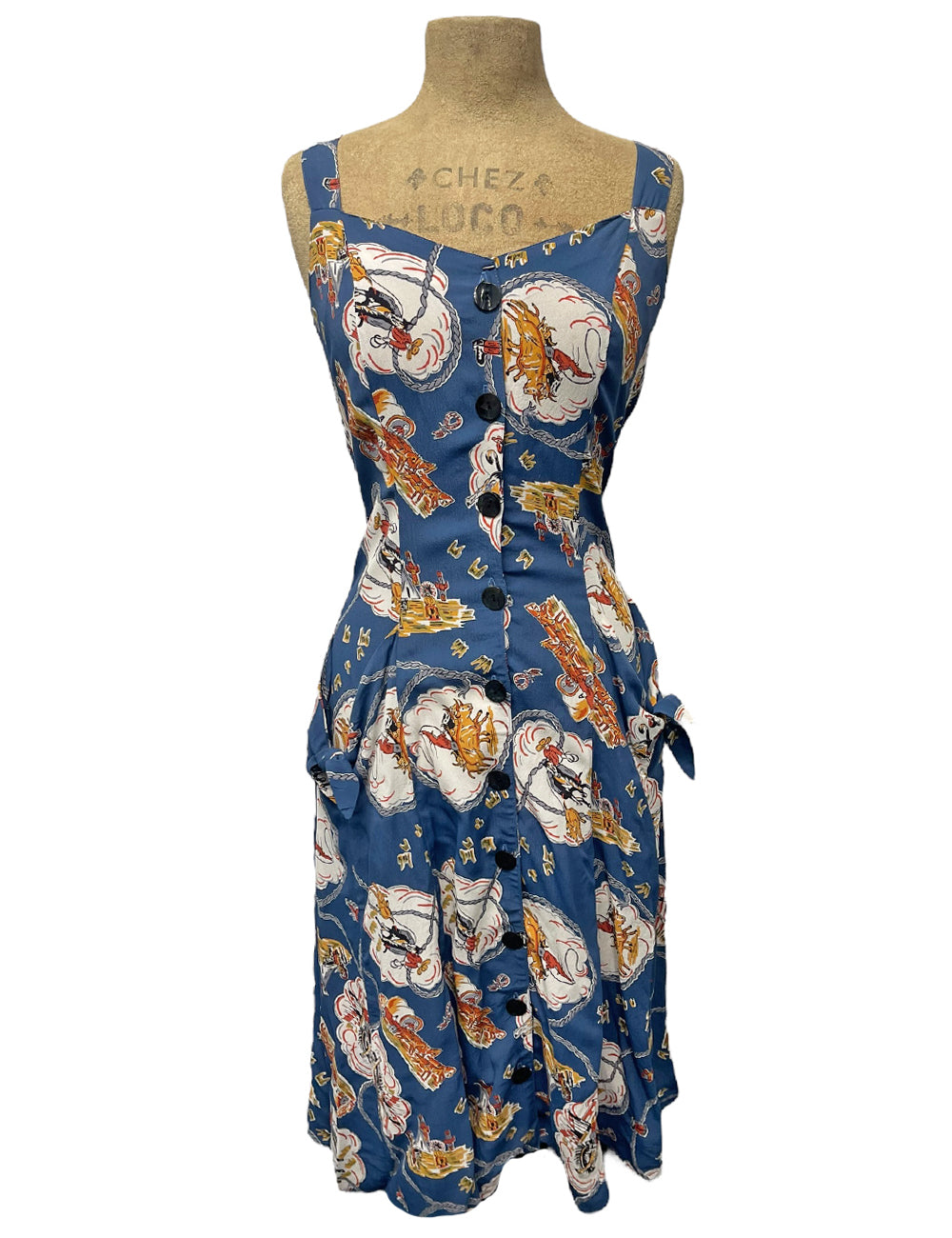 SAMPLE Denim Blue Western Print Topanga Button Front Pocket Sundress - Size Small