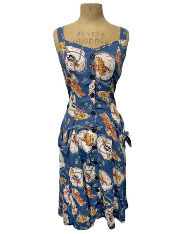 SAMPLE Denim Blue Western Print Topanga Button Front Pocket Sundress - Size Small