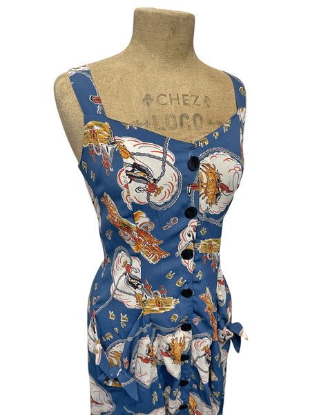SAMPLE Denim Blue Western Print Topanga Button Front Pocket Sundress - Size Small