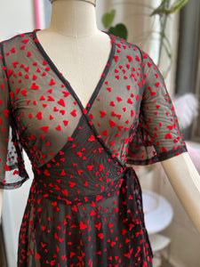 Lydia Wrap Dress in Black Queen of Hearts flocked mesh