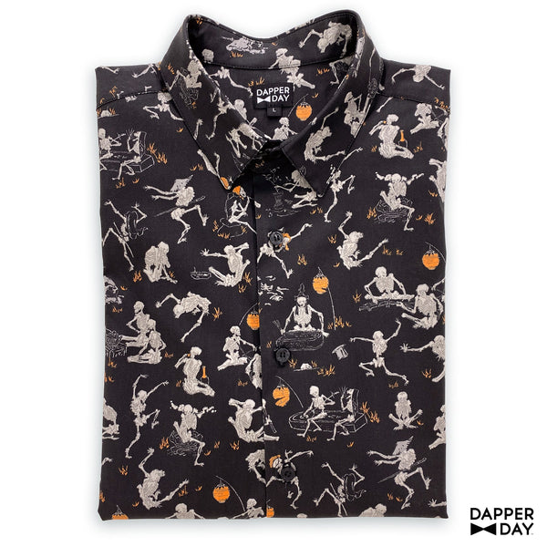 'Kyōsai Skeletons' Cotton Sharp Shirt (Black)