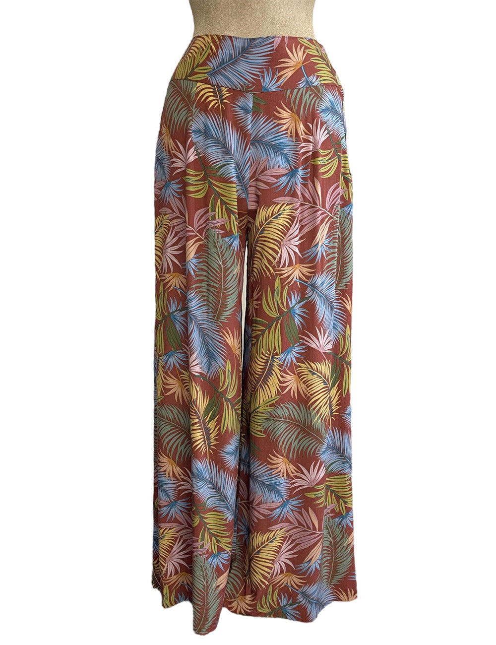 Rayon Tropical Fern Print High Waisted Palazzo Pants