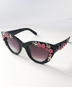 Black & Pink 3D Floral Retro Inspired Sunglasses
