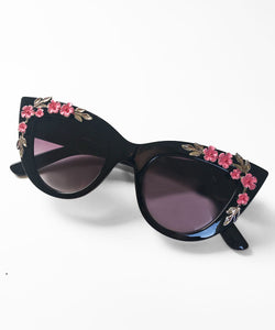 Black & Pink 3D Floral Retro Inspired Sunglasses
