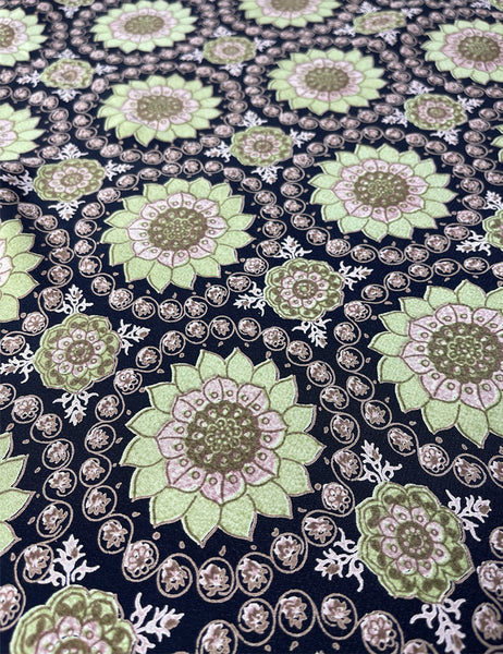 Green Indian Floral Print Rayon Crepe Fabric - 2 yds