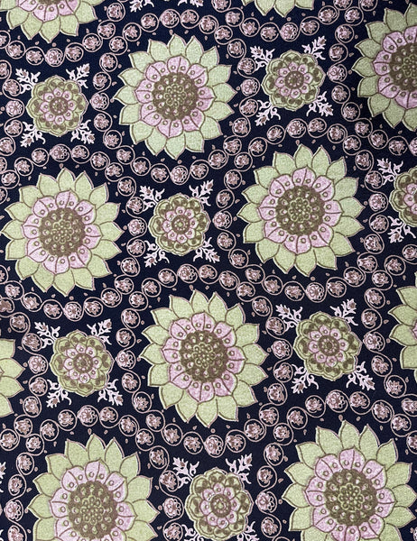 Green Indian Floral Print Rayon Crepe Fabric - 2 yds